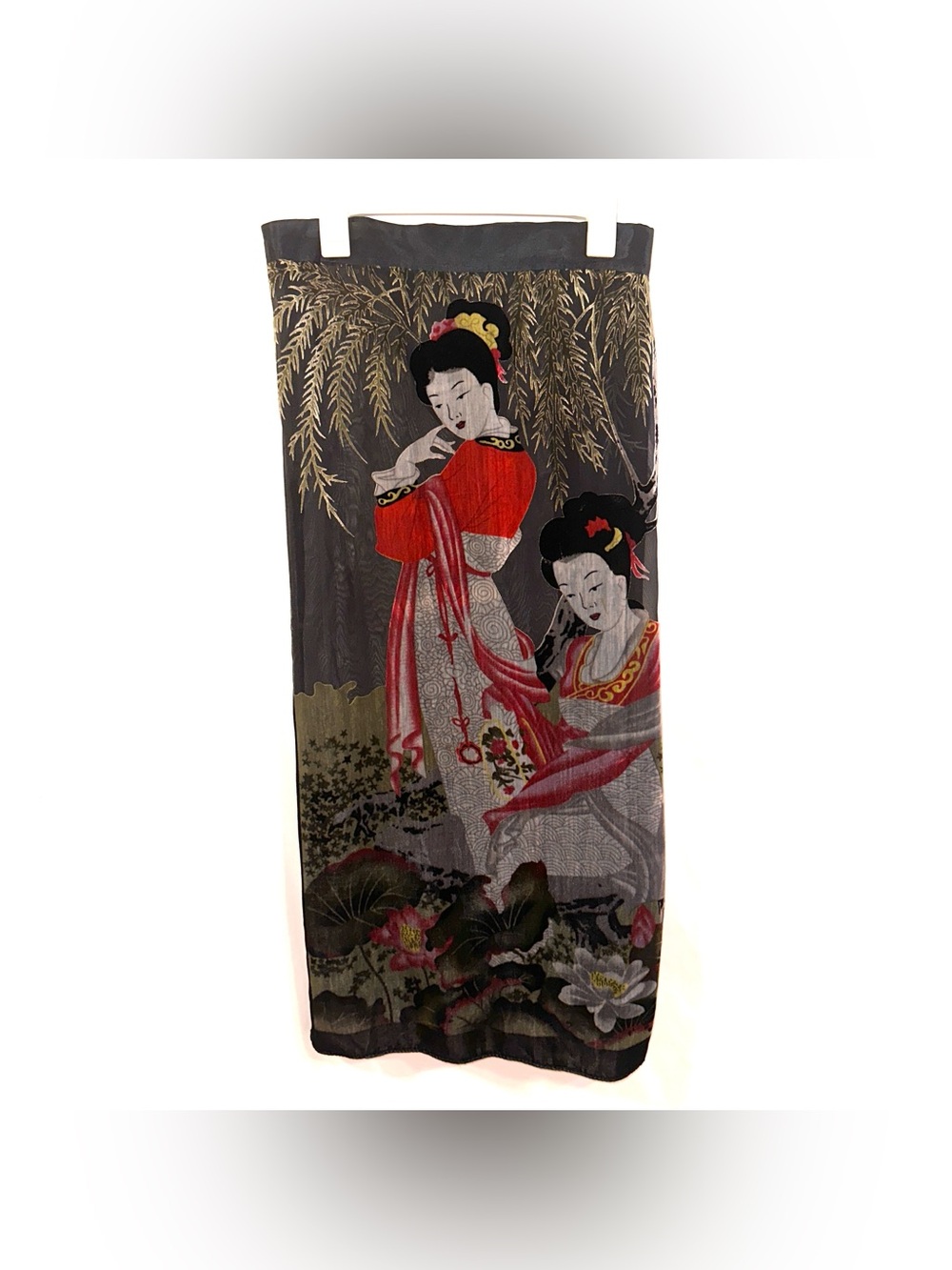 Jennifer Sun Vtg Sheer Velvet Burnout Women's Printed Geisha Maxi Skirt Japan